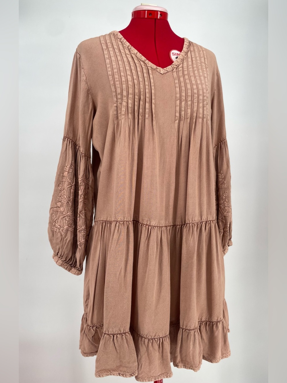 Dusty Rose Muted Mauve Bohemian Tiered Long Puff Sleeve Casual Dress